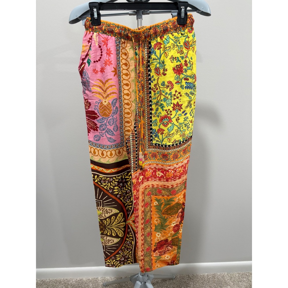 Farm Rio Multicolor Mixed Scarves Pants Size Small Beaded Tassel Block Printed